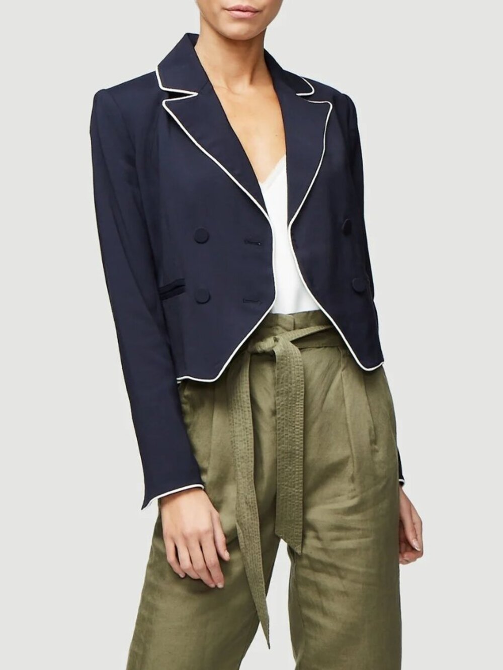 Frame Denim Double Breasted Piped Blazer Jacket in Navy Size 10 Office Preppy